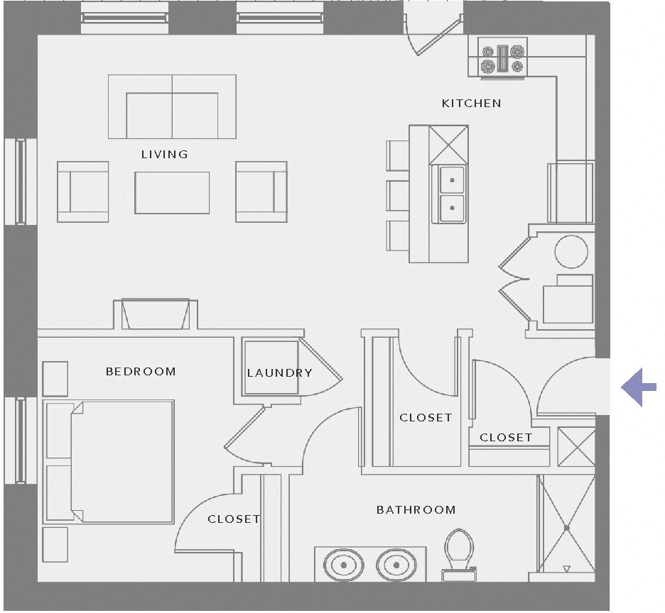 Floor plan for 1 bed, 2 baths, 951 sqft